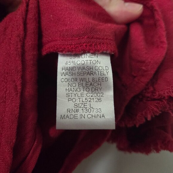 Umgee L Red Linen Blend Top Button-up Tiered Sleeves Ruffle Fringe Tie Waist - Picture 5 of 6